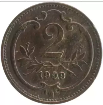 Монета 2 геллера Австрии 1909 года Бронза