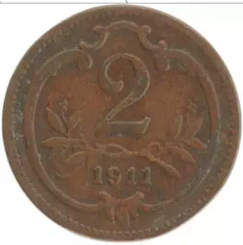 Монета 2 геллера Австрии 1911 года Бронза