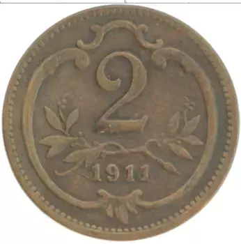 Монета 2 геллера Австрии 1911 года Бронза