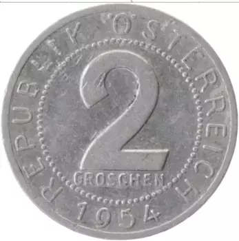 Монета 2 гроша Австрии 1954 года Алюминий