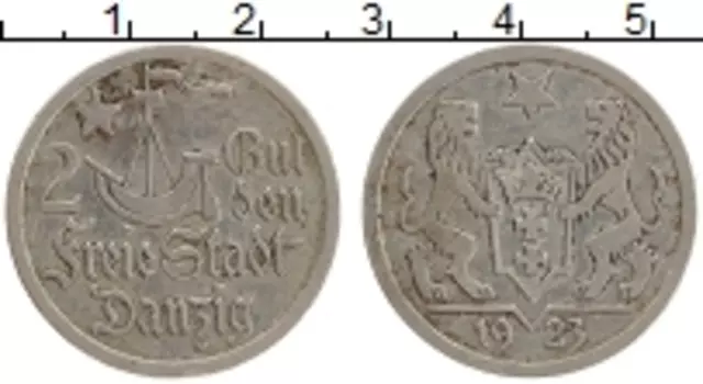 Монета 2 гульдена Данцига 1923 года Серебро