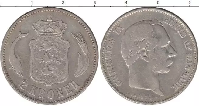 Монета 2 кроны Дании 1875 года Серебро Король Кристиан IX