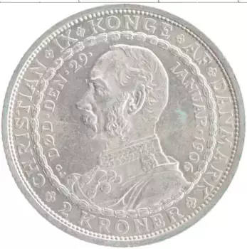 Монета 2 кроны Дании 1906 года Серебро Смерть Кристиана IX и вступление на престол Фредерика VIII