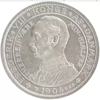 Монета 2 кроны Дании 1906 года Серебро Смерть Кристиана IX и вступление на престол Фредерика VIII