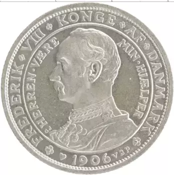Монета 2 кроны Дании 1906 года Серебро Смерть Кристиана IX и вступление на престол Фредерика VIII