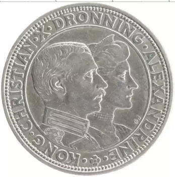 Монета 2 кроны Дании 1923 года Серебро Серебряная свадьба Кристиана Х и Александры