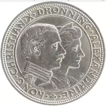 Монета 2 кроны Дании 1923 года Серебро Серебряная свадьба Кристиана Х и Александры