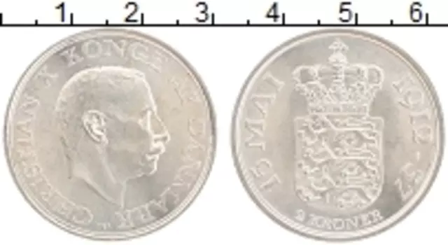 Монета 2 кроны Дании 1937 года Серебро 25 лет правления Кристиана Х