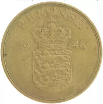 Монета 2 кроны Дании 1948 года Бронза Фредерик IX