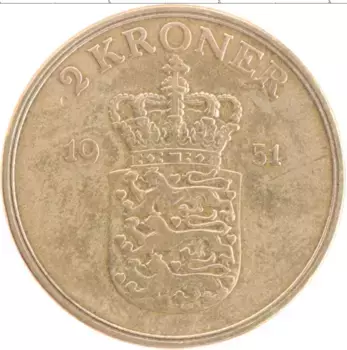Монета 2 кроны Дании 1951 года Бронза Фредерик IX