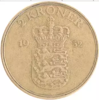 Монета 2 кроны Дании 1952 года Бронза Фредерик IX