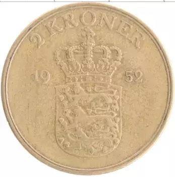 Монета 2 кроны Дании 1952 года Бронза Фредерик IX