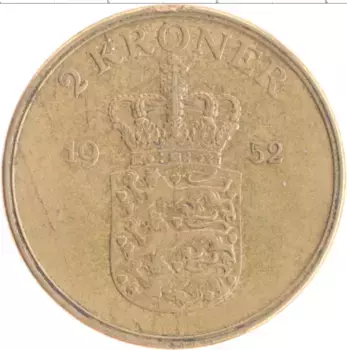 Монета 2 кроны Дании 1952 года Бронза Фредерик IX