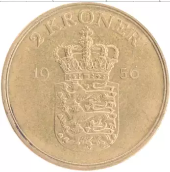Монета 2 кроны Дании 1956 года Бронза Фредерик IX