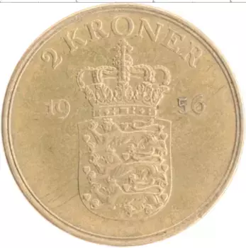 Монета 2 кроны Дании 1956 года Бронза Фредерик IX