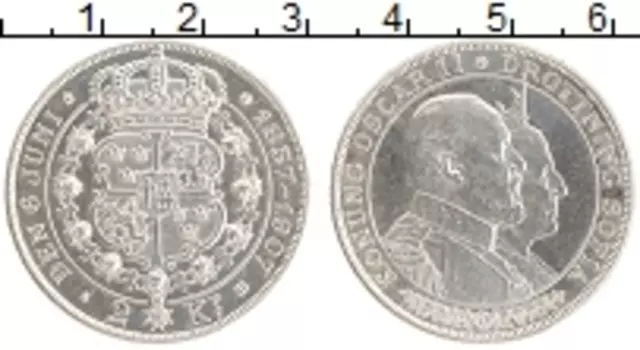 Монета 2 кроны Швеции 1907 года Серебро Золотая свадьба Оскара II и Софии