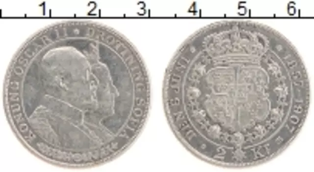 Монета 2 кроны Швеции 1907 года Серебро Золотой юбилей свадьбы Оскара II и Софии