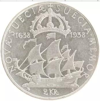 Монета 2 кроны Швеции 1938 года Серебро 300 лет образования поселения Делавэр