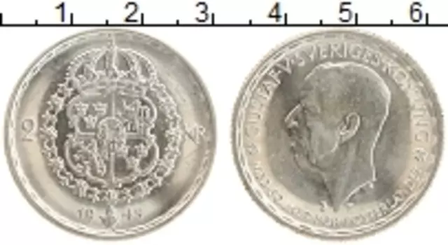 Монета 2 кроны Швеции 1945 года Серебро Густав V