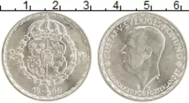 Монета 2 кроны Швеции 1948 года Серебро Густав V