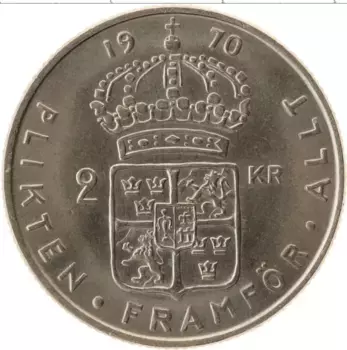 Монета 2 кроны Швеции 1970 года Медно-никель Густав VI Адольф