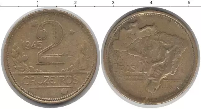 Монета 2 крузейро Бразилии 1945 года Медь Карта Бразилии
