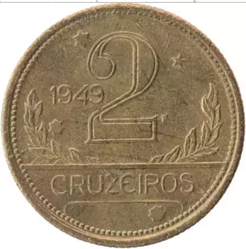 Монета 2 крузейро Бразилии 1949 года Латунь