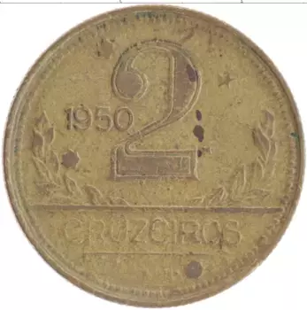Монета 2 крузейро Бразилии 1950 года Бронза