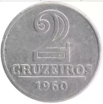 Монета 2 крузейро Бразилии 1960 года Алюминий