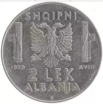 Монета 2 лека Албании 1939 года Железо Витторио Эммануил III