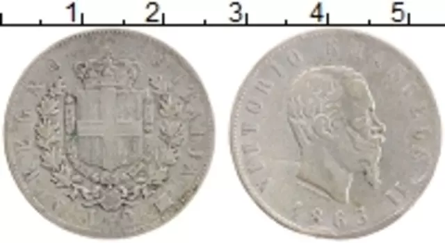 Монета 2 лиры Италии 1863 года Серебро Виктор Эммануил II