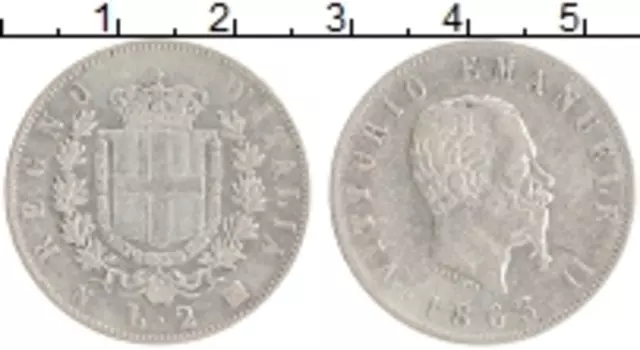 Монета 2 лиры Италии 1863 года Серебро Витторио Эмануил II