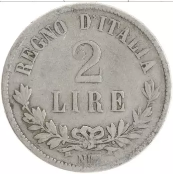 Монета 2 лиры Италии 1863 года Серебро Витторио Эммануил II