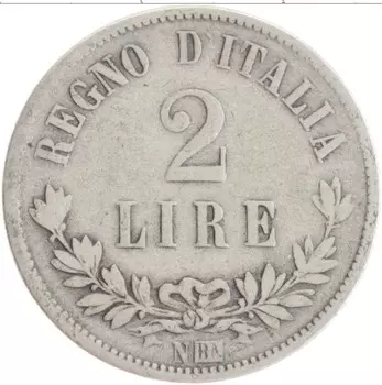 Монета 2 лиры Италии 1863 года Серебро Витторио Эммануил II