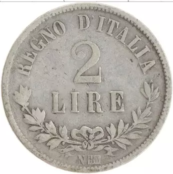Монета 2 лиры Италии 1863 года Серебро Витторио Эммануил II