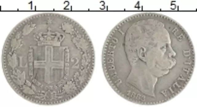 Монета 2 лиры Италии 1883 года Серебро Умберто I