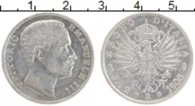 Монета 2 лиры Италии 1905 года Серебро Витторио Эммануил III