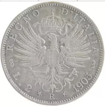 Монета 2 лиры Италии 1905 года Серебро Витторио Эммануил III