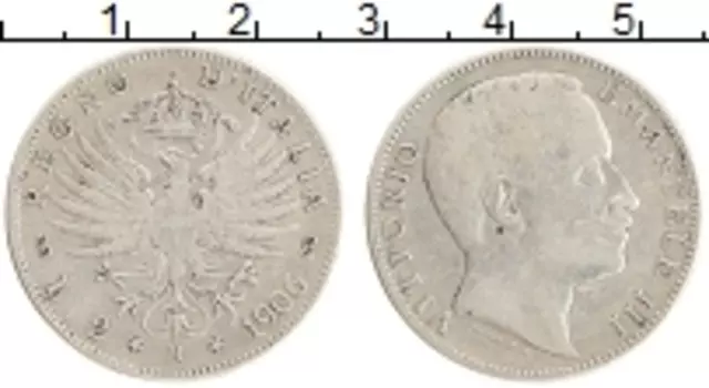 Монета 2 лиры Италии 1906 года Серебро Витторио Эмануил III