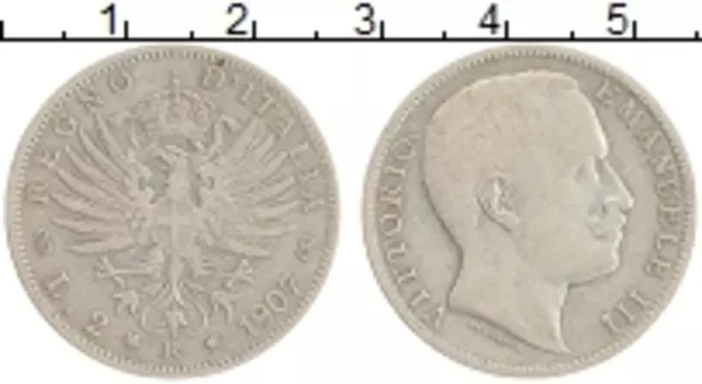 Монета 2 лиры Италии 1907 года Серебро Витторио Эмануил III