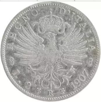 Монета 2 лиры Италии 1907 года Серебро Витторио Эммануил III