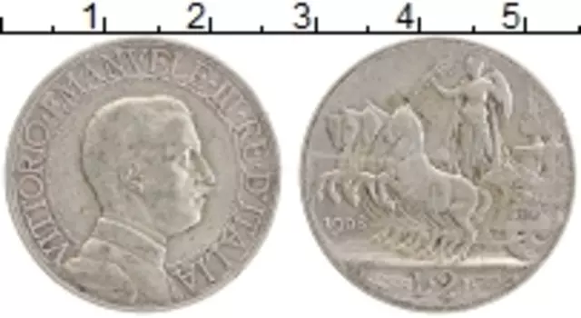 Монета 2 лиры Италии 1908 года Серебро Виктор Эммануил III