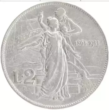 Монета 2 лиры Италии 1911 года Серебро 50-летие Королевства