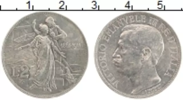 Монета 2 лиры Италии 1911 года Серебро 50 лет Республике