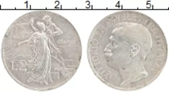 Монета 2 лиры Италии 1911 года Серебро 50 лет Республике
