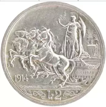 Монета 2 лиры Италии 1914 года Серебро Витторио Имануил III