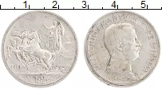Монета 2 лиры Италии 1914 года Серебро Король Виктор Эммануил III