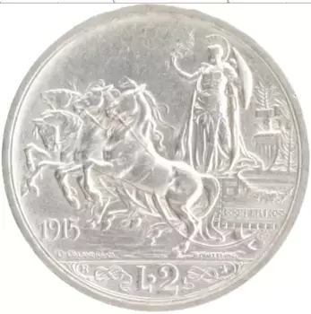Монета 2 лиры Италии 1915 года Серебро Витторио Эммануил III