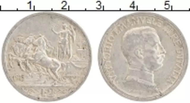 Монета 2 лиры Италии 1915 года Серебро Витторио Эмануил III