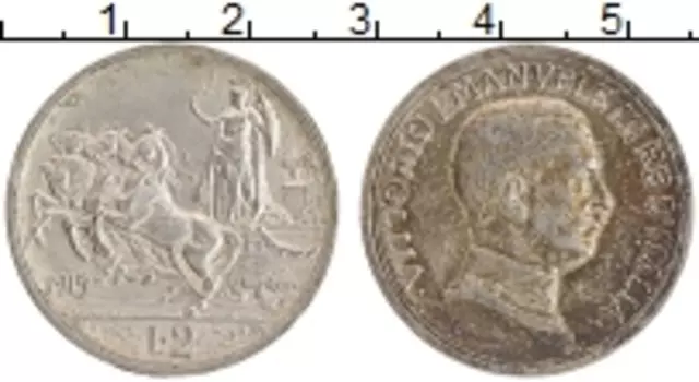 Монета 2 лиры Италии 1915 года Серебро Витторио Эммануил III